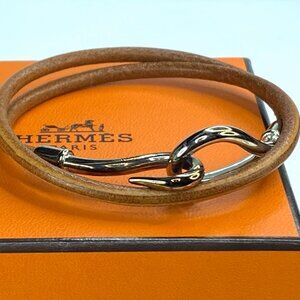 Hermes Jumbo Hook Double Tour Palladium Plated, Brown Leather bracelet GS145